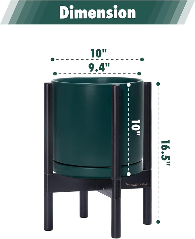D'vine Dev Ceramic Planter with Ebony Stand - 10 Inch Modern Round Flower Pot with Wood Planter Holder, Teal, 55-B-L-4 - Bloomnest
