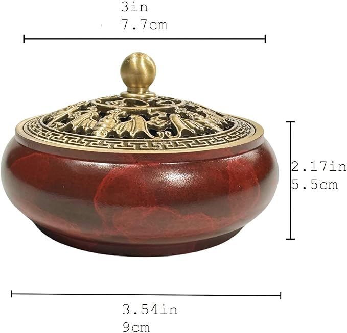 Red Brass Incense Burner with Stick Holder & Fireproof Cotton - Compatible with Cone, Charcoal Disc, Coil Incense | Handcrafted Durable Design for Home Altar, Meditation, Yoga - Bloomnest