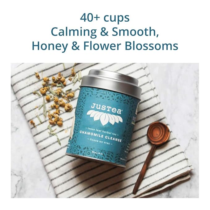 JusTea CHAMOMILE DREAM | Loose Leaf Herbal Tea | Tin with Hand Carved Tea Spoon |40+ Cups (1.6oz) | Caffeine Free | Award-Winning | Fair Trade | Non-GMO - Bloomnest