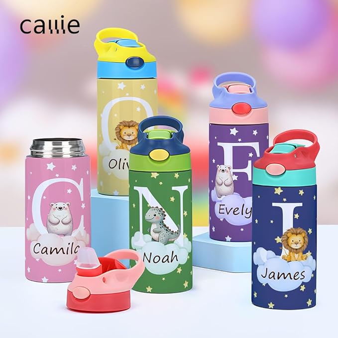 callie Personalized Animal Insulated Water Bottle for Kids, Custom 12 oz Leak Proof Lid Stainless Steel Cups with Straw, Cute Gifts for Boys Girls - Bloomnest