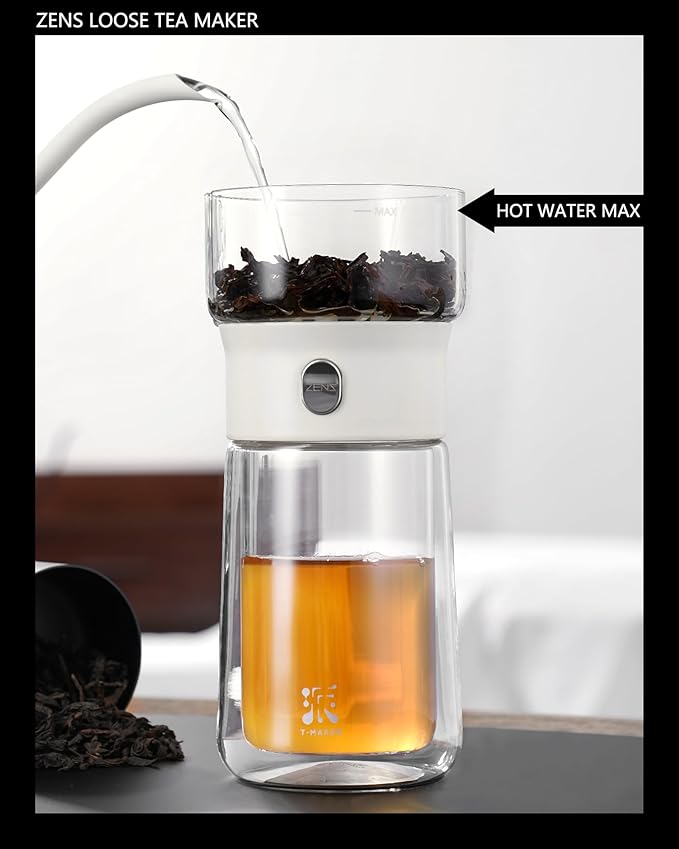 ZENS Modern Tea Pot, Glass Teapot with Infusers for Loose Tea Diffusers with One Touch Pouring, Cool Portable Tea Maker with Insulated Tea Mug and Travel Tea Kits for Tea Lover Gifts