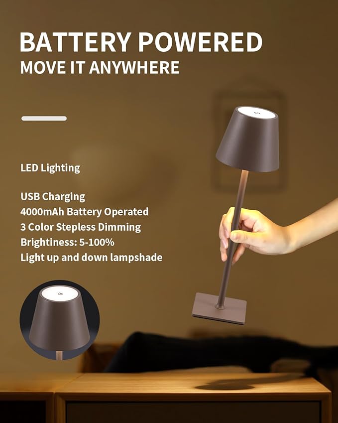 KDG 2 Pack Cordless Table Lamp,Portable LED Desk Lamp, 4000mAh Battery Operated, 3 Color Stepless Dimming Up, for Restaurant/Bedroom/Bars/Outdoor Party/Camping/Coffee Shop Night Light(Brown) - Bloomnest