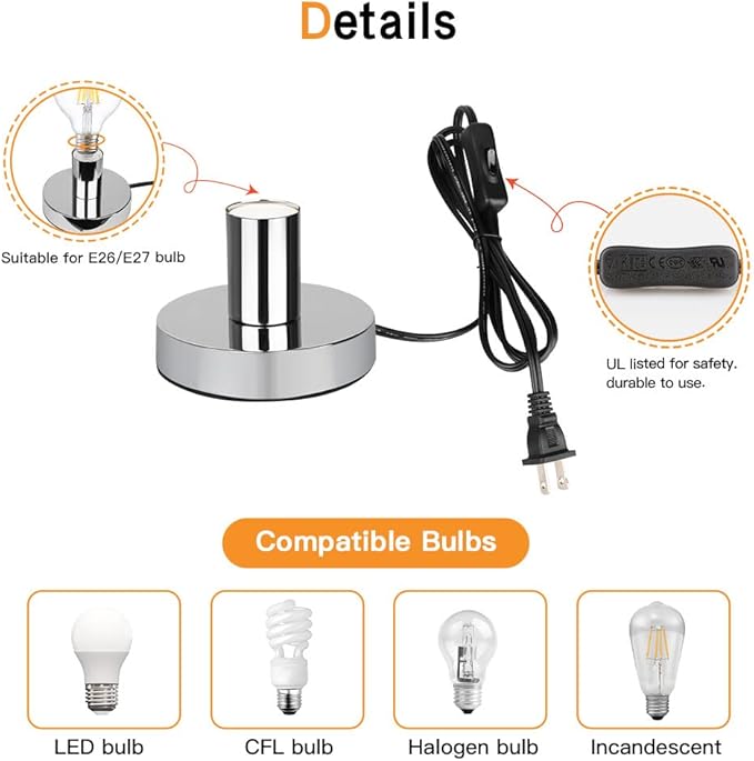 Helunsi Industrial Table Lamp Base, Silver E26 E27 Lamp Base Without Shade, Mini Short Desk Lamp Exposed Bulb Base, Simple Metal Edison Light Bulb Stand, with 5.8ft Cord Switch Plug Bulb Base Holder - Bloomnest