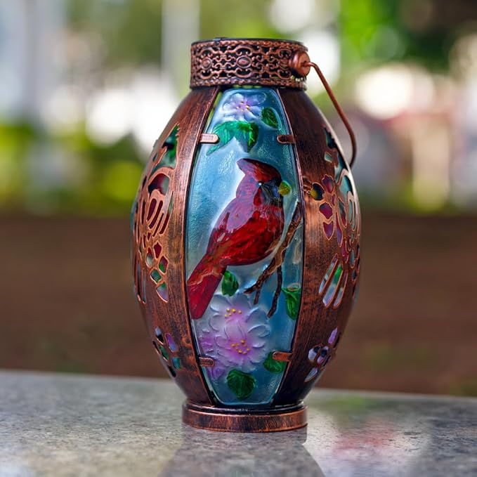 Starsoul Cardinal Outdoor Solar Lantern - Metal & Stained Glass Cardinal Solar Light, Waterproof Tabletop Lamp with Hollowed-Out Design for Yard, Patio, Garden, Pathway - Bloomnest
