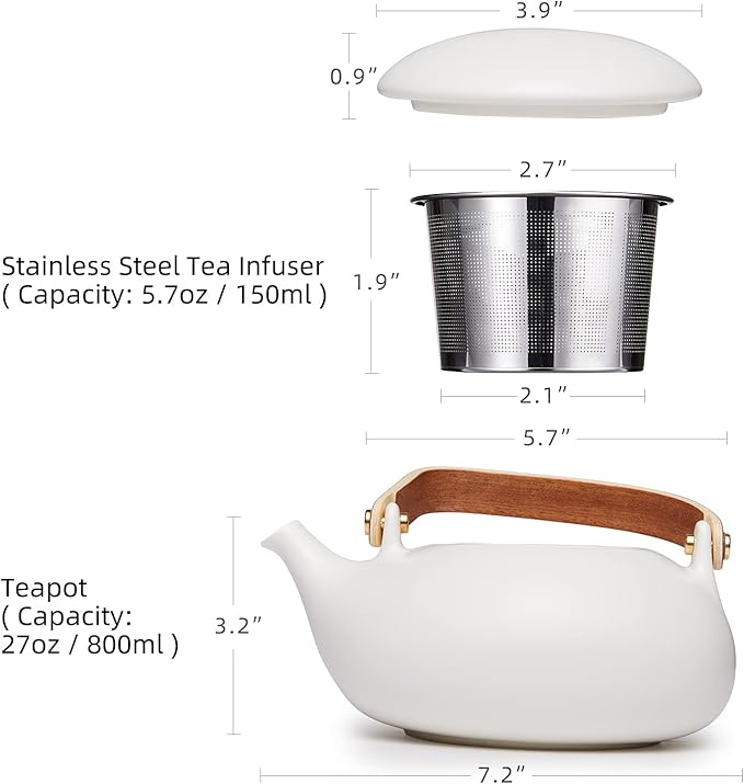 ZENS Teapot with Infuser, Ceramic Japanese 2cup Teapot for Loose Leaf Tea, 800ml Small Matte White Porcelain Tea Pot Gift with Modern Bentwood Handle - Bloomnest