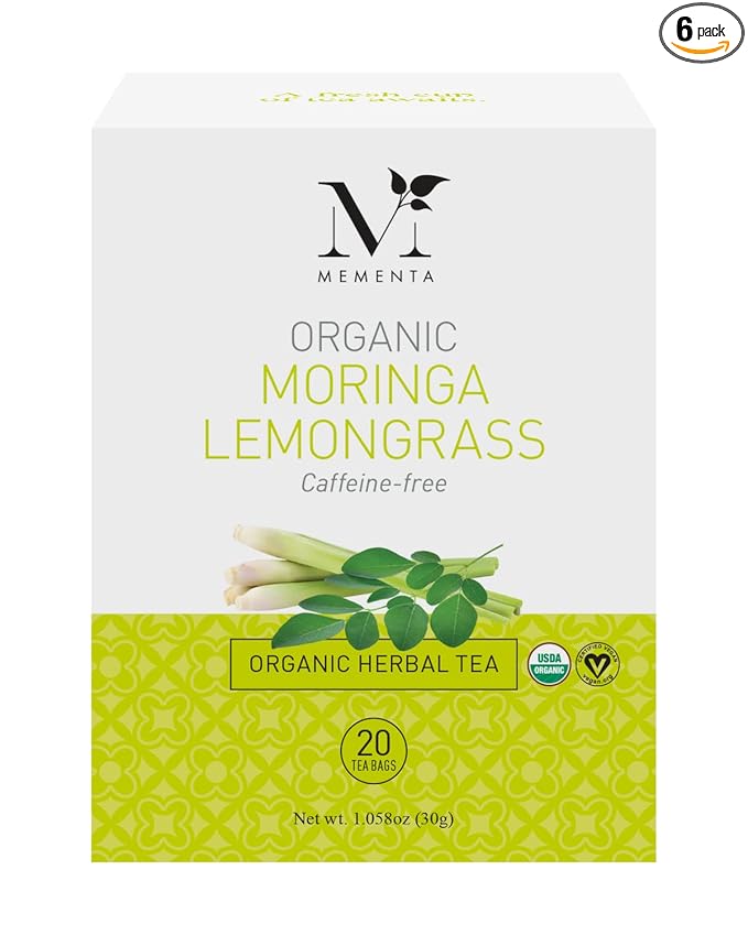 Mementa Inc Organic Moringa Lemongrass Herbal Tea Bags - 20 Individually Wrapped Bags Per Box, Pack of 6 Boxes - Premium Natural Ingredients for a Refreshing and Healthy Beverage - Bloomnest