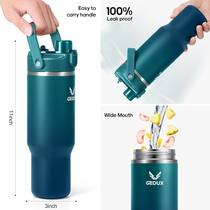 32 oz Stainless Steel Tumbler with Handle and Straw, Vacuum Insulated Water Bottle with 2-in-1 Lid (Chug/Straw) and Silicone Boot，Keeps Drinks Hot and Cold - Bloomnest