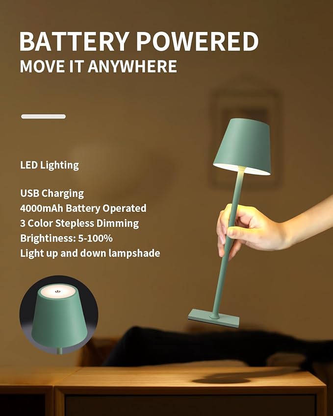 KDG 2 Pack Cordless Table Lamp,Portable LED Desk Lamp, 4000mAh Battery Operated, 3 Color Stepless Dimming Up, for Restaurant/Bedroom/Bars/Outdoor Party/Camping/Coffee Shop Night Light(Green) - Bloomnest