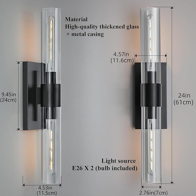 2-Light Matte Black Bathroom Light Fixtures with Glass Shades,Modern Wall Sconce for Bedroom Bath Mirror Lights. - Bloomnest