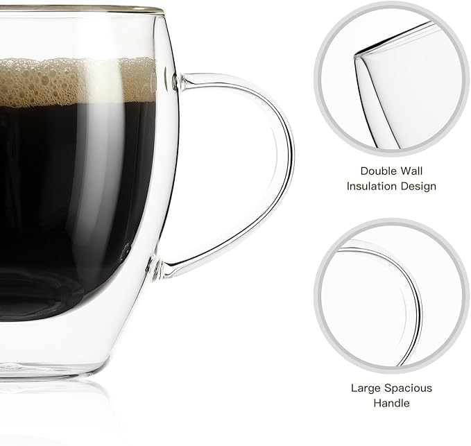Aurzen 2 Pack Double Walled Glass Coffee Mugs with Handles 8.5oz, Large Insulated Layer Coffee Cups, Clear Borosilicate Mugs, Perfect for Cappuccino, Tea, Microwave Safe (8.5oz-2Pack) - Bloomnest