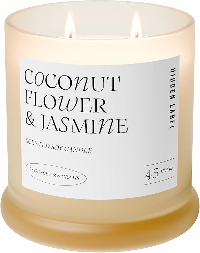Hidden Label Coconut Flower & Jasmine Scented Candle | 2 Wick Large Candles for Home Scented 13oz 75Hour Long Lasting Slow Burning | Aromatherapy Candle for Home Decor, Stress Relief & Relaxation - Bloomnest