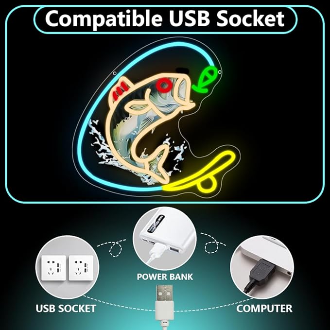 Fishing Neon Sign, Gone Fishing Led Neon Sign Light for Wall Decor Fish Hook Man Cave Light Up Sign Party Decorations for Gear Store Angler Teen Boy Dad Husband Gift Dimmable USB Powered(13.8"*10.6") - Bloomnest