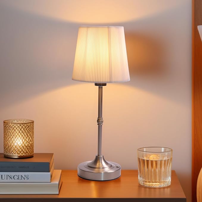 Rechargeable Table Lamp, Cordless Touch Lamps, Portable Desk Light with Stepless Dimmable Brightness & Fabric Shade for Nightstand Bedside Living Room (Silver, Twill) - Bloomnest