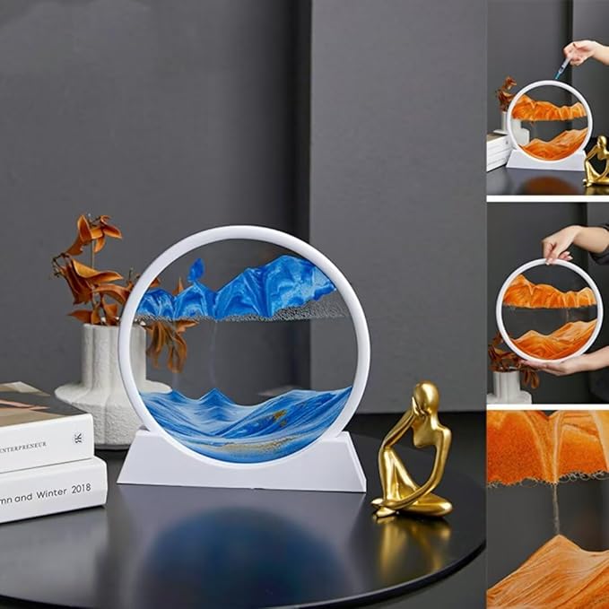 Moving Sand Art Picture in Motion, Round Tempered Glass 3D Deep Sea Sandscapes with Display Flowing Sand Frame for Relaxing Desktop Home Office Work Décor for kids adults （white frame blue, 12inch) - Bloomnest