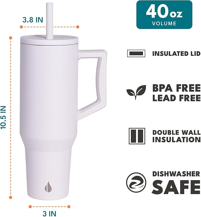 Elemental 40 oz Tumbler with Handle and Straw - Spill Proof Insulated Stainless Steel Commuter for Hot and Cold Beverages - Travel Coffee Mug with 2 Straws & Spill Proof Lid - 40oz - White - Bloomnest