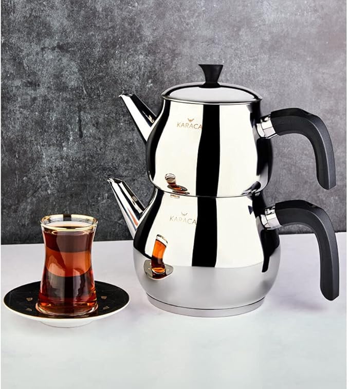 Karaca Kayra Teapot Set, Stainless Steel, Tea Pot 33 oz, Kettle 59 oz, Black Silver, Suitable for Induction, Tea Maker, Kettle, Turkish Tea Kettle - Bloomnest
