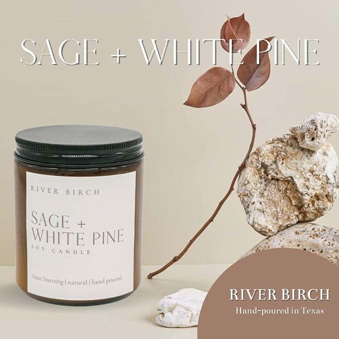 River Birch Candles Sage + White Pine Scented Candle | Premium, All-Natural, Non-Toxic, Soy Amber Jar Candles | 8.5oz 40 Hr Burn Time | Cozy Relaxing Gifts for Home - Bloomnest