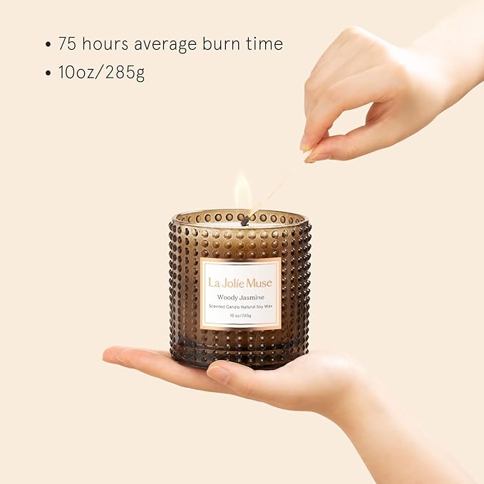 LA JOLIE MUSE Woody Jasmine Candles for Home Scented, Luxury Candles Gifts for Women, Mother's Day Gift, Natural Soy Wax, 75 Hours 10 OZ - Bloomnest