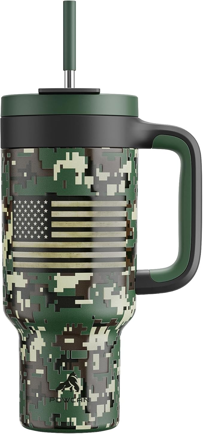 40 oz Camo Tumbler with Handle, 2-in-1 Straw and Sip Lid, Leakproof, Dishwasher Safe, Insulated Stainless Steel Travel Coffee Mug, Keeps Cold for 34 Hours, Fits in Car Cupholder (Woodland Flag) - Bloomnest