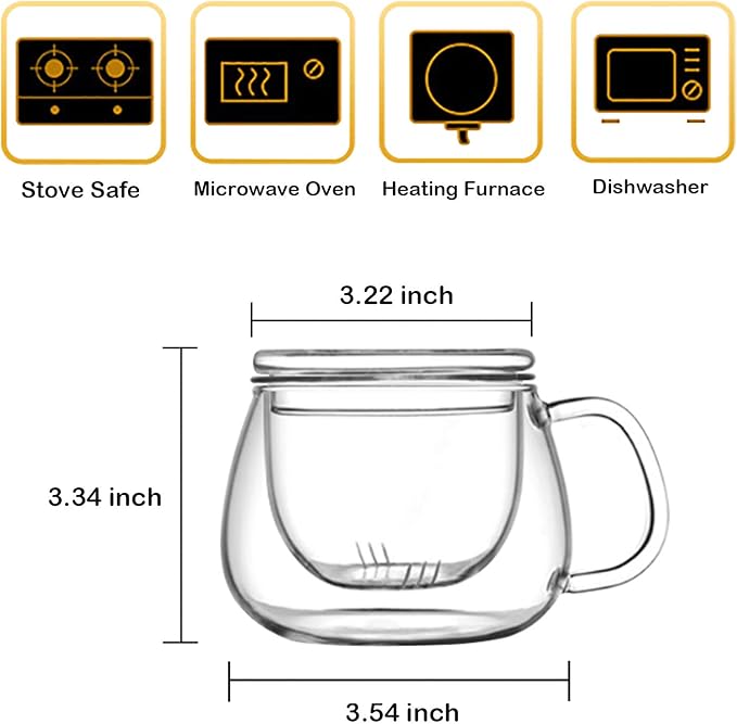 Lezero 13oz Tea Infuser Cups Kits, Glass Mugs with Filter Basket and Lid for Loose leaf Tea Brewing, Heat Resistant, Lead-free, Microwave & Dishwasher Safe - Bloomnest