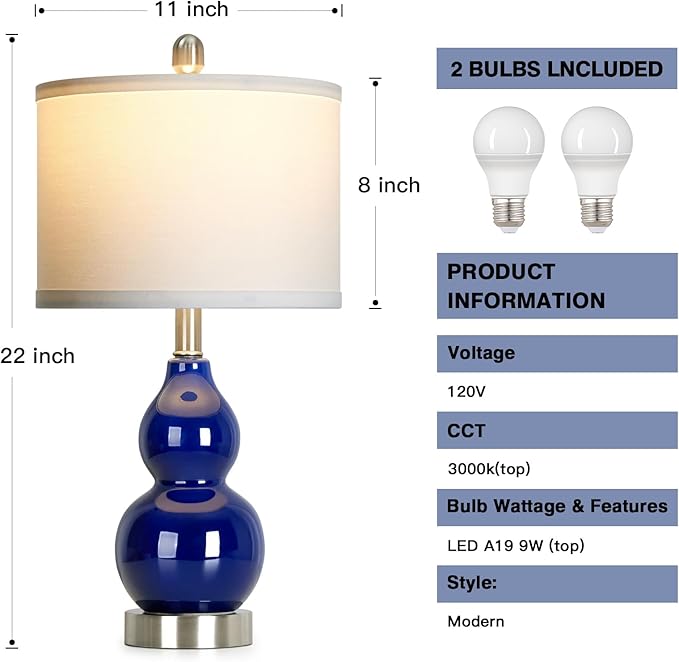 22" Double Gourd Ceramic Table Lamps Set of 2, Navy Blue Modern Bedside Lamps for Living Room, Contemporary Nightstand Desk Lamps for Bedroom End Table Home Office Decor(2 LED Bulbs Included) - Bloomnest