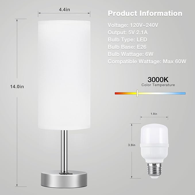 White Bedside Touch Table Lamps for Bedroom Nightstand with USB-C USB-A Charging Ports White, 3 Way Dimmable Control Small Lamp Silver Base for Office, Living Room, Reading - Bloomnest