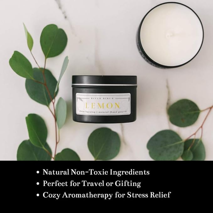 River Birch Candles Lemon Scented Candle | Premium, All-Natural, Non-Toxic, Soy Candles | 8 oz. Black Matte Tin Travel Candle | Cozy Relaxing Gifts for Home - Bloomnest