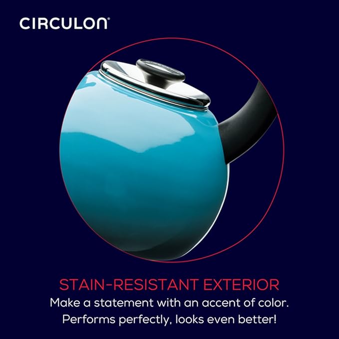 Circulon Enamel on Steel Whistling Teakettle/Teapot With Flip-Up Spout, 2 Quart - Turquoise Blue