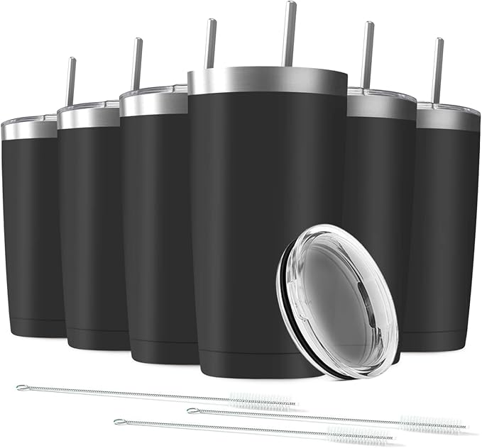 6 Pack 20 oz Stainless Steel Insulated Tumbler with Straw and Lid, Double Wall Travel Coffee Mug Vacuum Insulated Bulk Tumbler Set of 6, Suitable for Vehicle Cup Holders