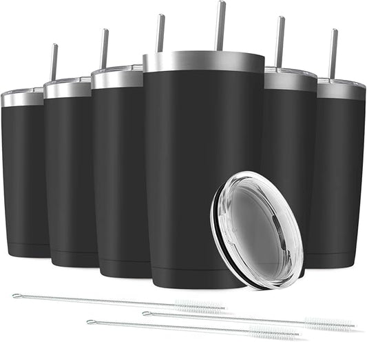 6 Pack 20 oz Stainless Steel Insulated Tumbler with Straw and Lid, Double Wall Travel Coffee Mug Vacuum Insulated Bulk Tumbler Set of 6, Suitable for Vehicle Cup Holders
