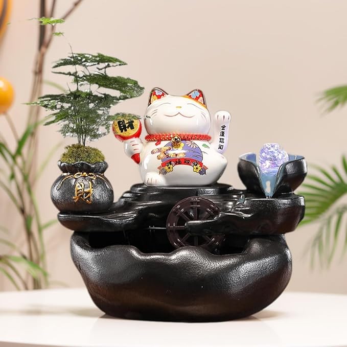 Desk Waterfall Fountain Indoor with Chinese Ceramic Lucky Cat Waving Arm Figurine，Tabletop Mini Water Fountains Decoration and Small Waterfalls - Bloomnest