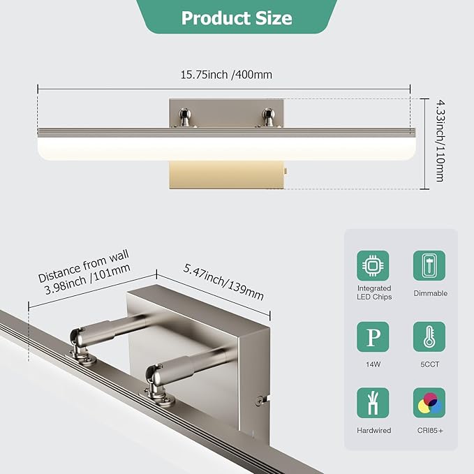 Brushed Nickel Vanity Light, 15.7” Dimmable LED Bathroom Light Bar with 5CCT, Adjustable Angle – Modern Wall Lighting for Bathroom, Powder Room, Bedroom, Apartment, Hotel - Bloomnest