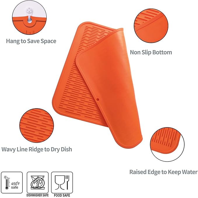 Silicone Dish Drying Mat for Multiple Usage,Easy clean,Eco-friendly,Heat-resistant Silicone Mat for Kitchen Counter or Sink,Refrigerator or Drawer Liner Orange XL 18 inches x 16 inches - Bloomnest