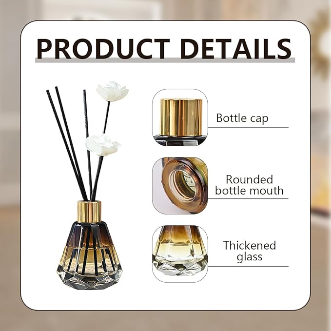2Pcs 60ml/2oz Empty Refillable Amber Diamond Shape Glass Diffuser Bottle with Gold Lid Essential Incense Oil Diffuser Jars Fragrance Scent Diffuser for Home Office Shelf Decor Bloomnest