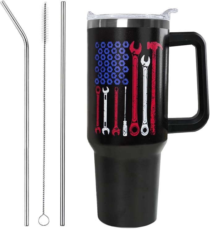 Ceovfoi Mechanic Gifts for Men, 40 oz Mechanic American Flag Stainless Steel Tumbler with Handle Lid and Straw, Mechanic Stuff Supplies Accessories - Bloomnest