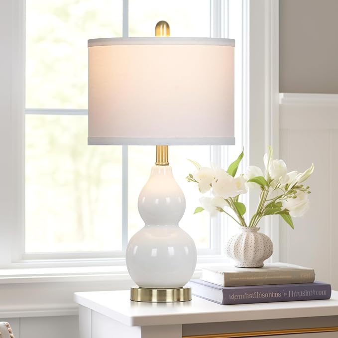 Double Gourd Ceramic Table Lamps Set of 2, Modern White Bedside Lamps for Night Stand, Contemporary Nightstand Lamps for Bedroom Living Room (Bulb Included) - Bloomnest