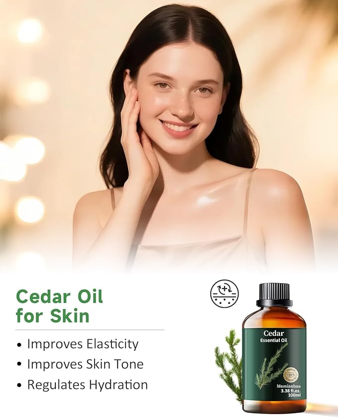 Pure Cedarwood Essential Oil, Mumianhua Natural Cedarwood Oil for Hair, Skin, Diffuser, Aromatherapy, Bedroom Atmosphere, Woodland Aroma, Evening Diffusion, Soap Making, Blends 3.38 Fl Oz - Bloomnest