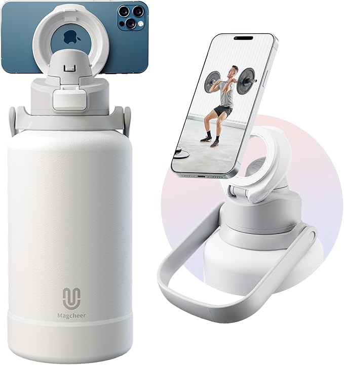 64oz Insulated Magnetic Water Bottle - Stainless Steel Vacuum Flask with MagSafe Compatible Phone Holder Keeps Drinks Cold for 24 Hours Water Jug for Gym and Outdoor Activities（White) Magcheer
