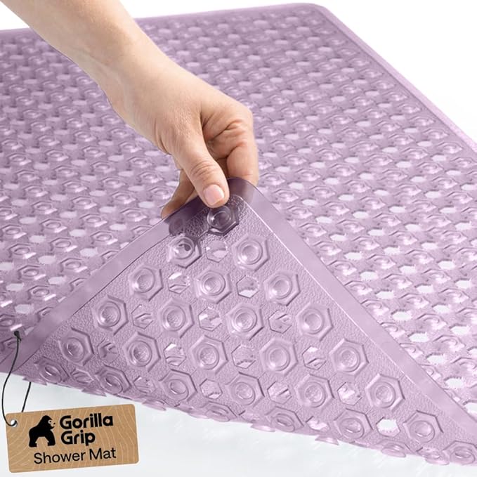 GORILLA GRIP Patented Bath Tub Shower Mat, Machine Washable Bathtub Floor Liner Mats, Suction Cups and Drain Holes to Keep Tubs Clean, Soft on Feet, Bathroom Essentials, 35x16 Inch, Clear Purple - Bloomnest