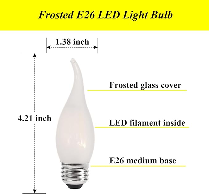 E26 Chandelier Light Bulbs Frosted 25 Watt Candelabra Bulb Equivalent, 2W LED Bulb E26 Candelabra Medium Base 2700K Warm White, 6 Pack - Bloomnest