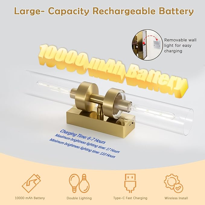 Rechargeable Wall Sconces Set of Two with Remote, Gold Battery Operated Wall Sconce with Clear Glass, Sconces Wall Decor Set of 2 Wall Light Fixtures for Bedroom Bathroom Mirror Living Room - Bloomnest