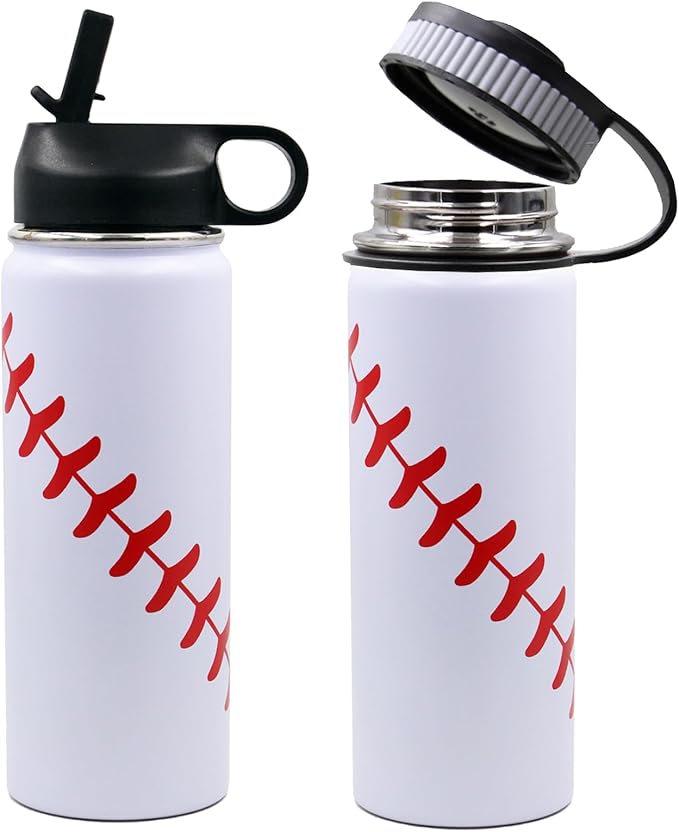 18 oz Baseball Water Bottle, Sports Flask Metal Travel Tumbler with 2 Lids, Stainless Steel Double Wall Vacuum Insulated Leak Proof Thermo Water Bottles, Baseball Accessories Gifts for Mom Boys Girls - Bloomnest