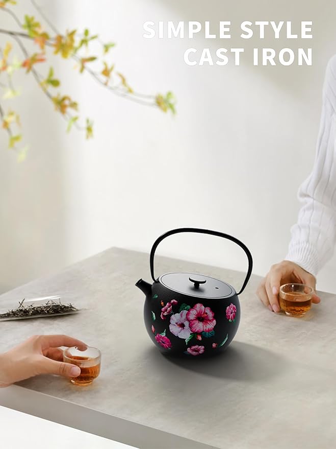 Toptier Teapot with Removable Infuser, Cast Iron Tea Kettle Stovetop Safe, Solid Geometry Ball Design Tea Pot Coated with Enameled Interior for 32 Ounce (950 ml), Morning Glory - Bloomnest