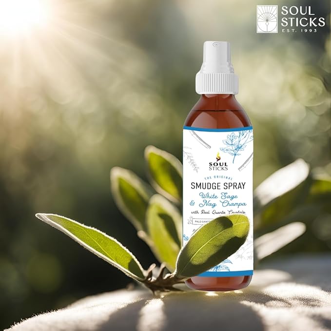 SOUL STICKS White Sage & Nag Champa Smudge Spray – 3.5oz Smokeless Cleansing Mist with Quartz Crystals – Spiritual Aromatherapy Spray for Meditation, Yoga, Home Energy Clearing & Relaxation SoulSticks