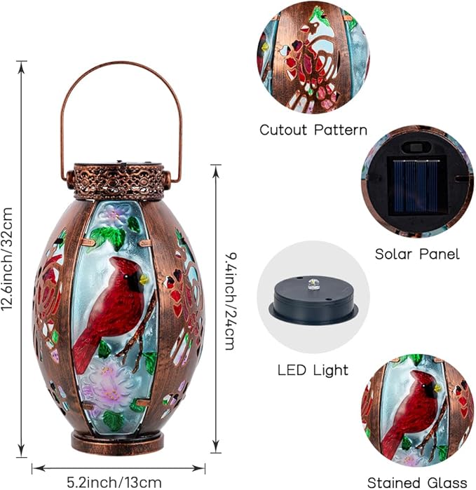 Starsoul Cardinal Outdoor Solar Lantern - Metal & Stained Glass Cardinal Solar Light, Waterproof Tabletop Lamp with Hollowed-Out Design for Yard, Patio, Garden, Pathway - Bloomnest