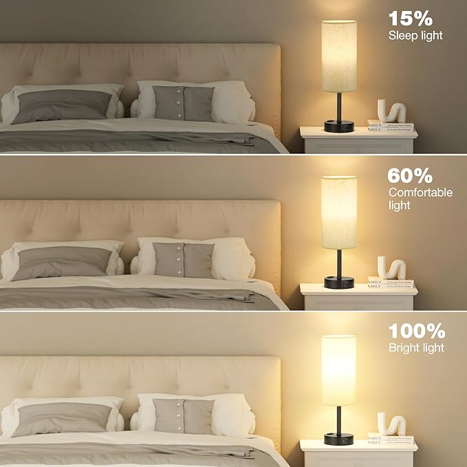 Light Beige Table Lamp for Nightstand - 3 Way Dimmable Bedside Lamp for Bedroom with USB C A Charging Ports and AC Outlet, Small Desk Lamp with Black Base for Living Room, Office, LED Bulb Included - Bloomnest