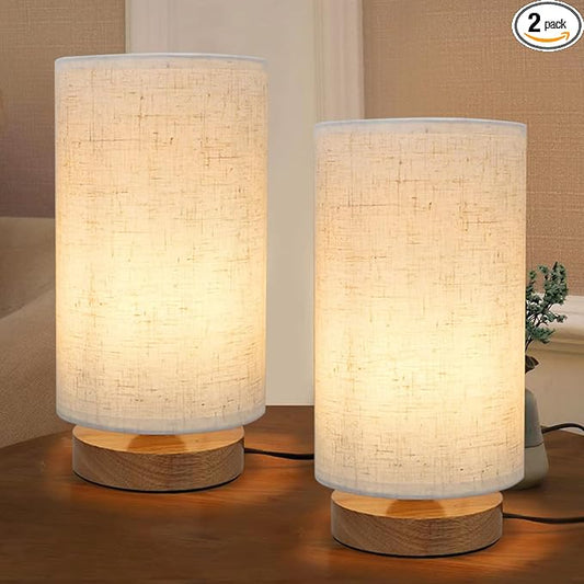 Table Lamps for Bedrooms Set of 2, Minimalist Bedside Lamps Set with Round Fabric Linen Shade,Reading Small Desk Lamp Set of 2 for Kids Room, Night Nightstand Lamp Set for Living Room, Office - Bloomnest