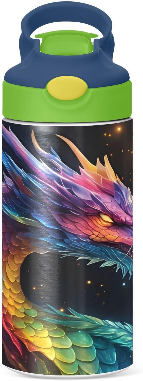 Dragon Galaxy Colorful Kids Water Bottle with Straw Lid Insulated Tumbler with Handle Stainless Steel Reusable Toddlers Cup for Kids Boys 12 oz - Bloomnest
