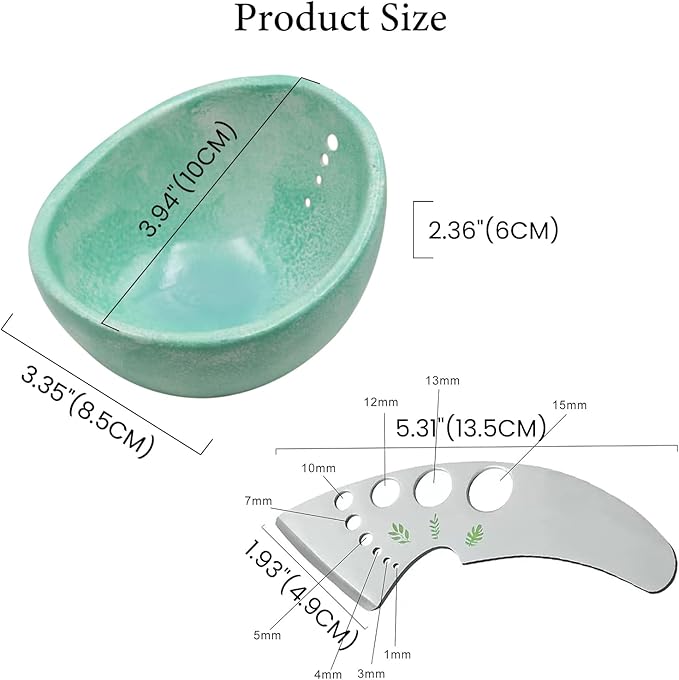 Frstem 2pcs Pottery Herb Stripper (Green Bowl+Herb Stripper),Handmade Ceramic Herb Stripper with Different Sizes of Round Holes,Kitchenware for Efficient Leaf Stripping - Bloomnest