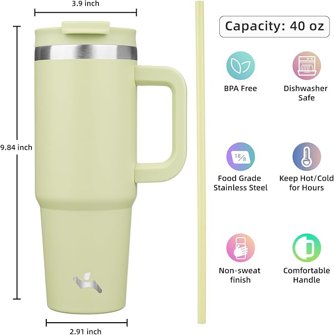 40 oz Tumbler with Handle and 2 Straws,2 in 1 Lid Insulated Water Bottle Stainless Steel Travel Coffee Mug,Macaron Green - Bloomnest